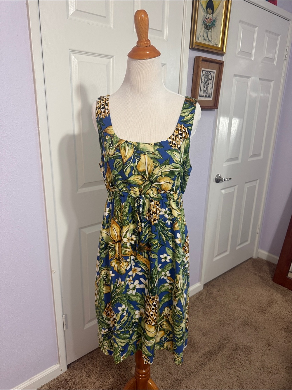 Puanani Women Hawaiian Floral Pineapple Shift Dress - Blue & Green Size Large